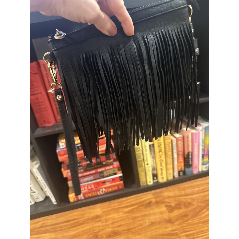 Fringe Western Wristlet Purse Tassels Handbag Black Gold Zipper Rodeo Cowgirl - Picture 5 of 13